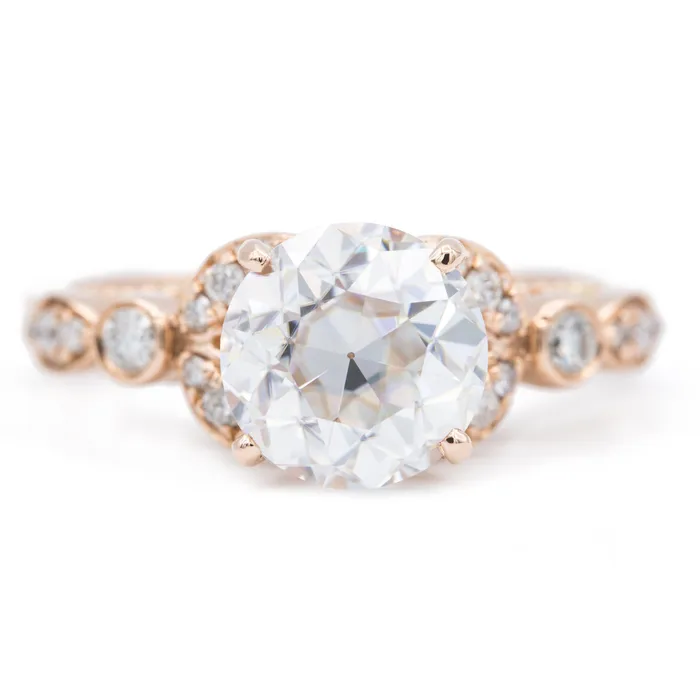 8mm Round OEC Heirloom Moissanite 14K Rose Gold Half Bead Shank and Diamond Bezel Side Ring Fire Brilliance Rings