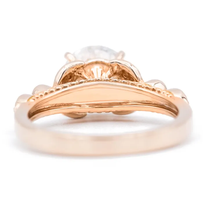 8mm Round OEC Heirloom Moissanite 14K Rose Gold Half Bead Shank and Diamond Bezel Side Ring Fire Brilliance Rings