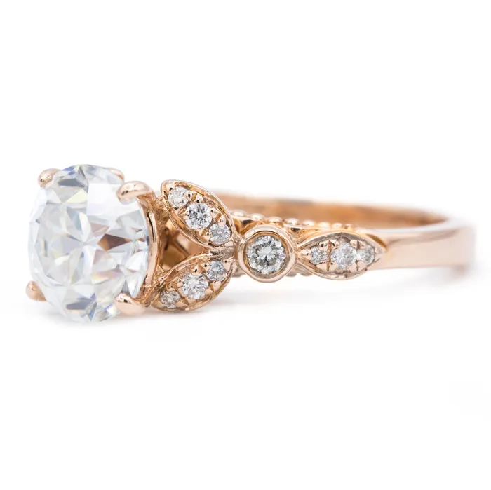 8mm Round OEC Heirloom Moissanite 14K Rose Gold Half Bead Shank and Diamond Bezel Side Ring Fire Brilliance Rings