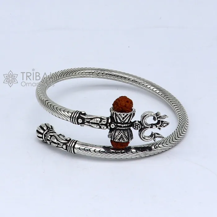 925 sterling silver gorgeous Lord shiva trident trishool kada bangle bracelet with fabulous natural rudraksha antique jewelry nsk771 TRIBAL ORNAMENTS Bracelets