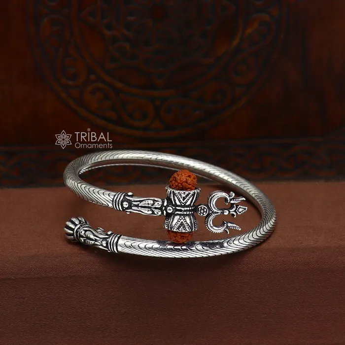 925 sterling silver gorgeous Lord shiva trident trishool kada bangle bracelet with fabulous natural rudraksha antique jewelry nsk771 TRIBAL ORNAMENTS Bracelets