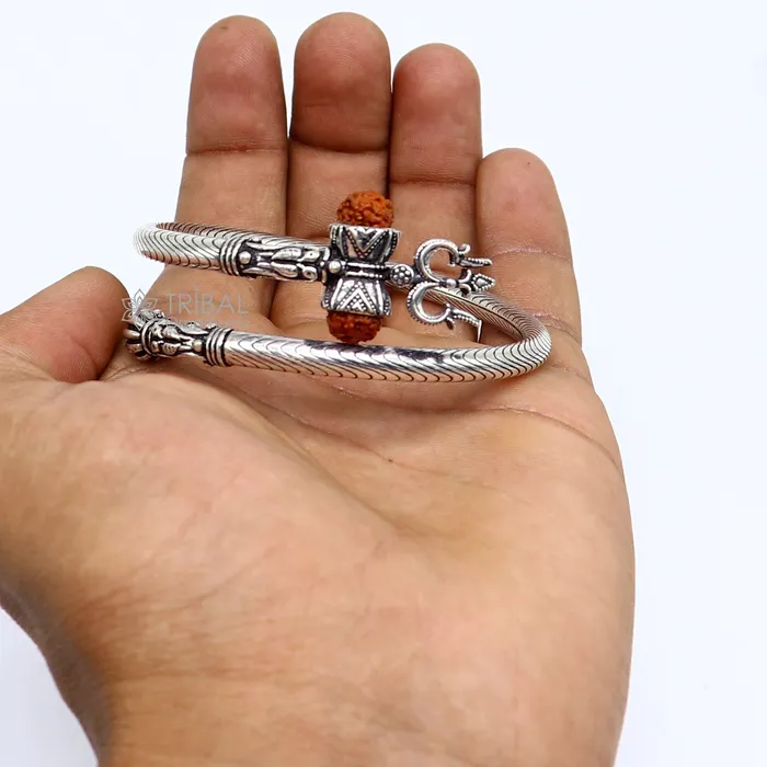 925 sterling silver gorgeous Lord shiva trident trishool kada bangle bracelet with fabulous natural rudraksha antique jewelry nsk771 TRIBAL ORNAMENTS Bracelets