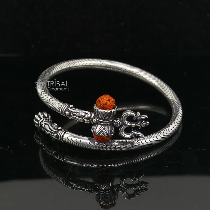 925 sterling silver gorgeous Lord shiva trident trishool kada bangle bracelet with fabulous natural rudraksha antique jewelry nsk771 TRIBAL ORNAMENTS Bracelets