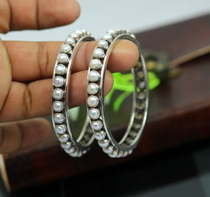 925 sterling silver handmade bangle for Girls gorgeous natural pearl stone stylish bangle excellent customized tribal jewelry nba91 TRIBAL ORNAMENTS Bracelets