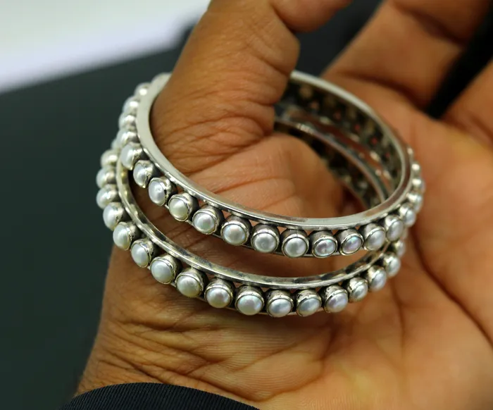 925 sterling silver handmade bangle for Girls gorgeous natural pearl stone stylish bangle excellent customized tribal jewelry nba91 TRIBAL ORNAMENTS Bracelets