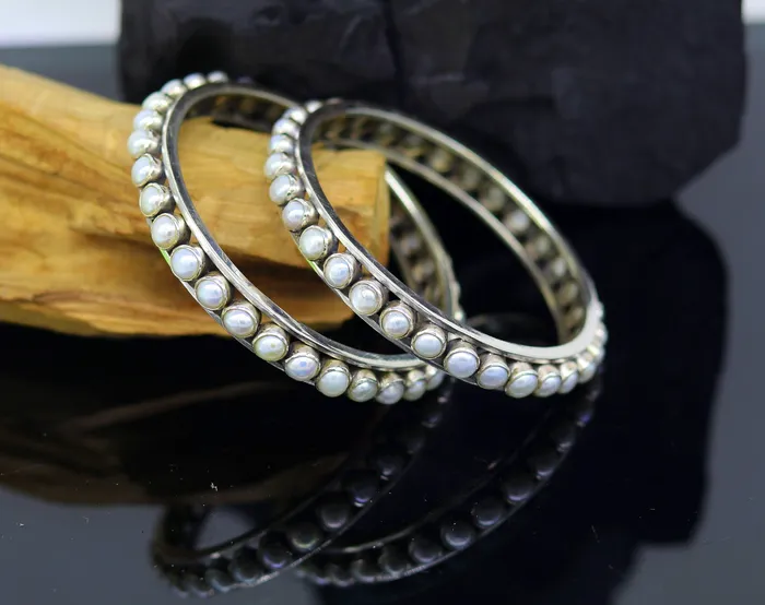 925 sterling silver handmade bangle for Girls gorgeous natural pearl stone stylish bangle excellent customized tribal jewelry nba91 TRIBAL ORNAMENTS Bracelets