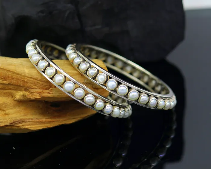 925 sterling silver handmade bangle for Girls gorgeous natural pearl stone stylish bangle excellent customized tribal jewelry nba91 TRIBAL ORNAMENTS Bracelets