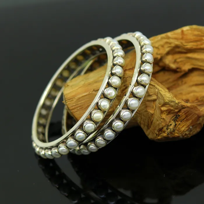 925 sterling silver handmade bangle for Girls gorgeous natural pearl stone stylish bangle excellent customized tribal jewelry nba91 TRIBAL ORNAMENTS Bracelets