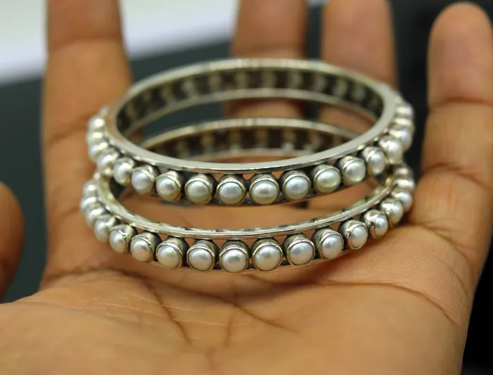 925 sterling silver handmade bangle for Girls gorgeous natural pearl stone stylish bangle excellent customized tribal jewelry nba91 TRIBAL ORNAMENTS Bracelets