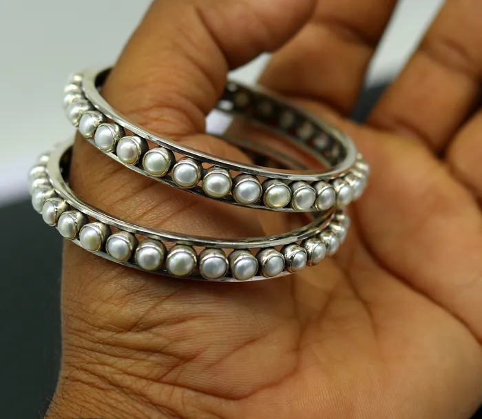 925 sterling silver handmade bangle for Girls gorgeous natural pearl stone stylish bangle excellent customized tribal jewelry nba91 TRIBAL ORNAMENTS Bracelets