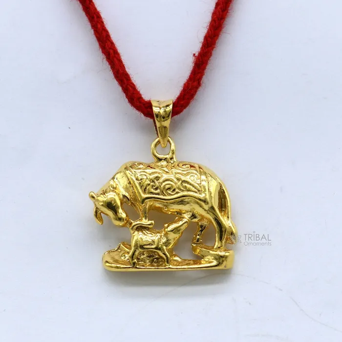 925 sterling silver handmade elegant divine kamdhenu cow with calf pendant amazing gold polished cow and calf pendant best gift nsp605 TRIBAL ORNAMENTS Necklaces