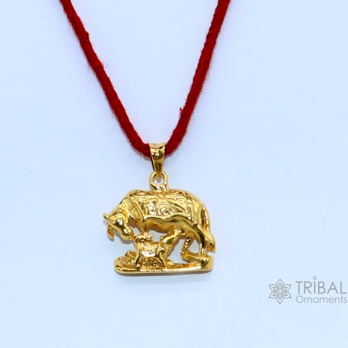 925 sterling silver handmade elegant divine kamdhenu cow with calf pendant amazing gold polished cow and calf pendant best gift nsp605 TRIBAL ORNAMENTS Necklaces