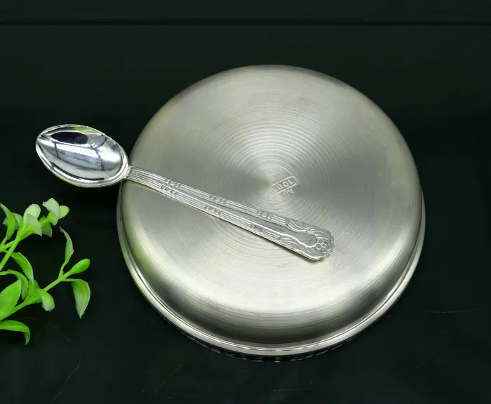 999 sterling silver handmade silver plate tray with spoon silver baby utensil set silver baby food tray silver utensils india sv152 TRIBAL ORNAMENTS Rings
