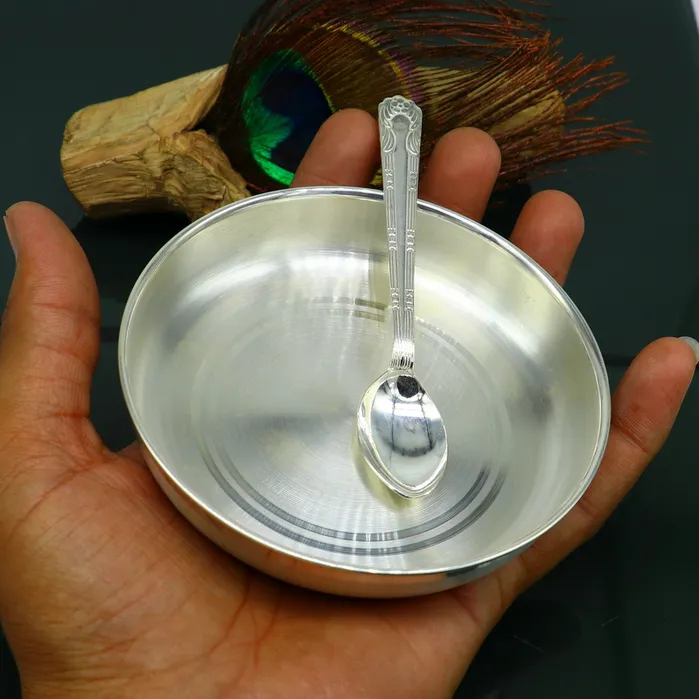999 sterling silver handmade silver plate tray with spoon silver baby utensil set silver baby food tray silver utensils india sv152 TRIBAL ORNAMENTS Rings