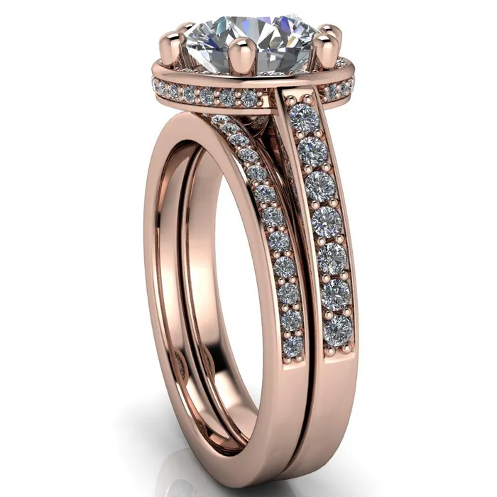 Acadia Round Center Stone 6Prong Diamond Halo with Cathedral U Shaped Gallery Ring Fire Brilliance Rings