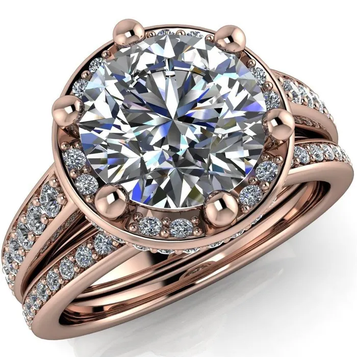 Acadia Round Center Stone 6Prong Diamond Halo with Cathedral U Shaped Gallery Ring Fire Brilliance Rings