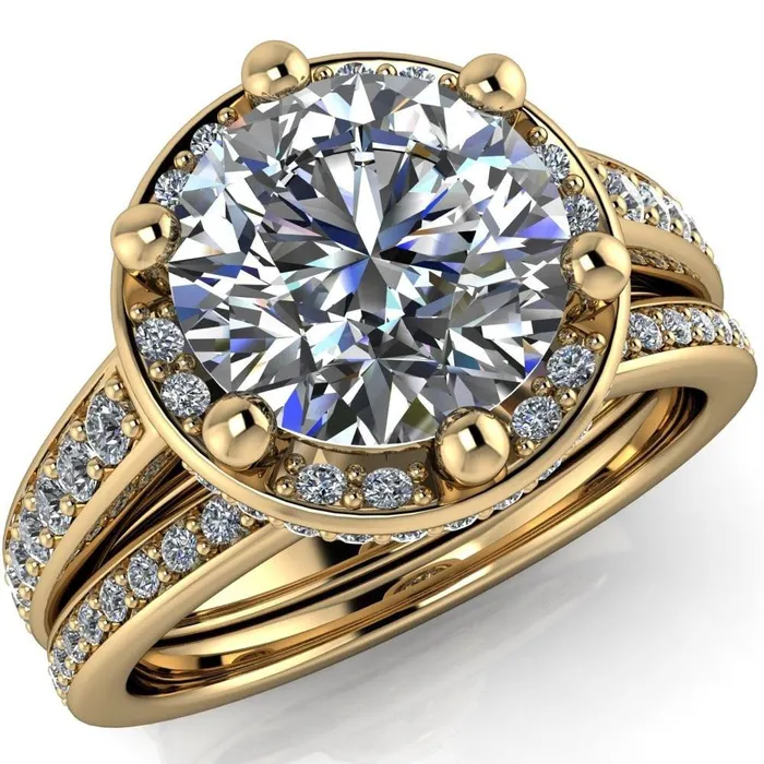 Acadia Round Center Stone 6Prong Diamond Halo with Cathedral U Shaped Gallery Ring Fire Brilliance Rings