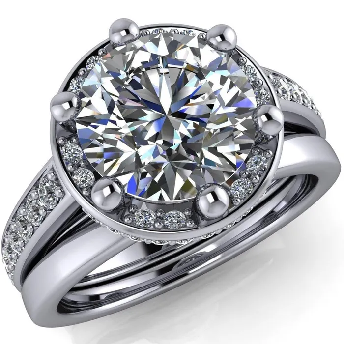 Acadia Round Center Stone 6Prong Diamond Halo with Cathedral U Shaped Gallery Ring Fire Brilliance Rings