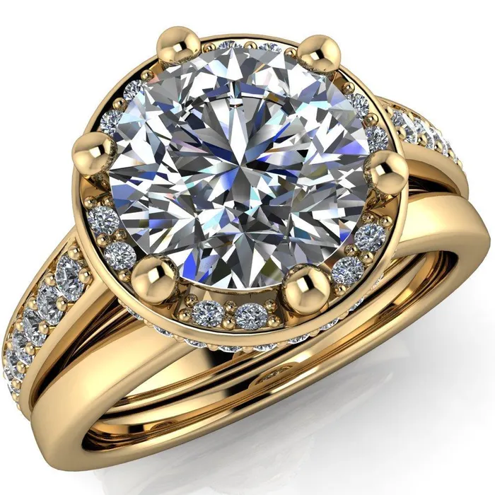 Acadia Round Center Stone 6Prong Diamond Halo with Cathedral U Shaped Gallery Ring Fire Brilliance Rings