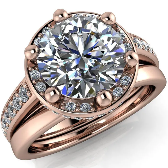 Acadia Round Center Stone 6Prong Diamond Halo with Cathedral U Shaped Gallery Ring Fire Brilliance Rings
