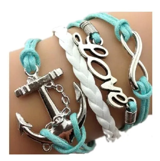 alice B485 Blue White Love Anchor Infinity Leather Layer Bracelet Bracelets