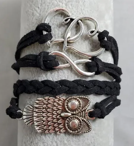 alice Bracelets AZ1460 Black Heart Owl Infinity Layer Leather Bracelet