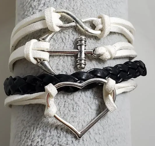 alice Bracelets AZ583 White Black Anchor Heart Infinity Leather Layer Bracelet