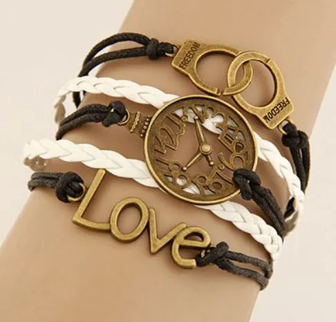 alice Bracelets B193 Black White Clock Handcuff Leather Bracelet