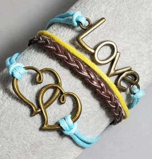 alice Bracelets B495 Light Blue Brown Love Heart Leather Bracelet