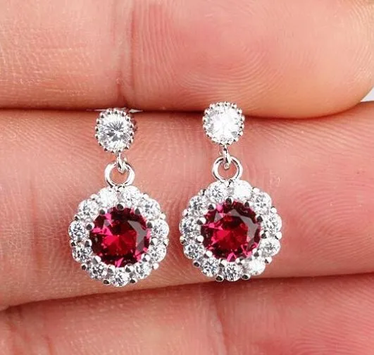 alice Earrings E01 Silver Rose Red Gemstone Earrings