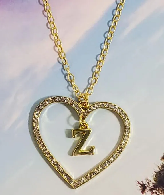 alice Necklaces AZ550 Gold Rhinestone Heart Z Necklace with FREE EARRINGS