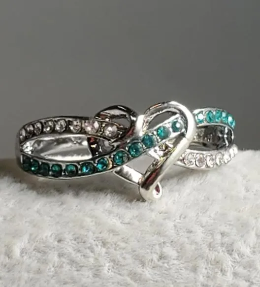 alice Rings R174 Silver Heart Turquoise Rhinestone Ring