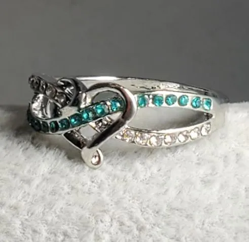 alice Rings R174 Silver Heart Turquoise Rhinestone Ring