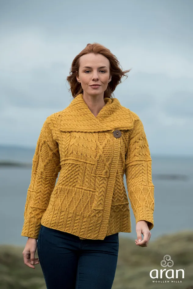 Aran Woollen Mills Necklaces Merino Wool Patchwork Aran Cardigan with Collar Aran Woollen Mills Necklaces Merino Wool Patchwork Aran Cardigan with Collar