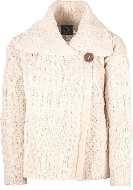 Aran Woollen Mills Necklaces Merino Wool Patchwork Aran Cardigan with Collar