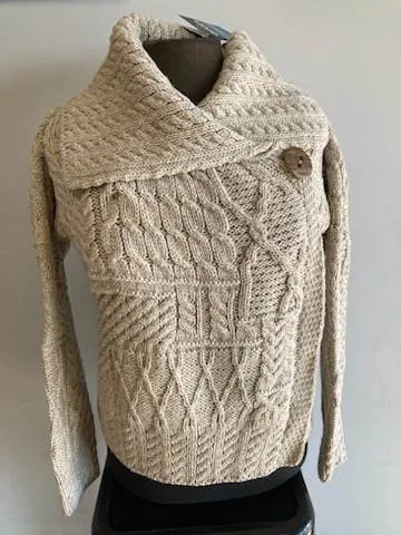 Aran Woollen Mills Necklaces Merino Wool Patchwork Aran Cardigan with Collar