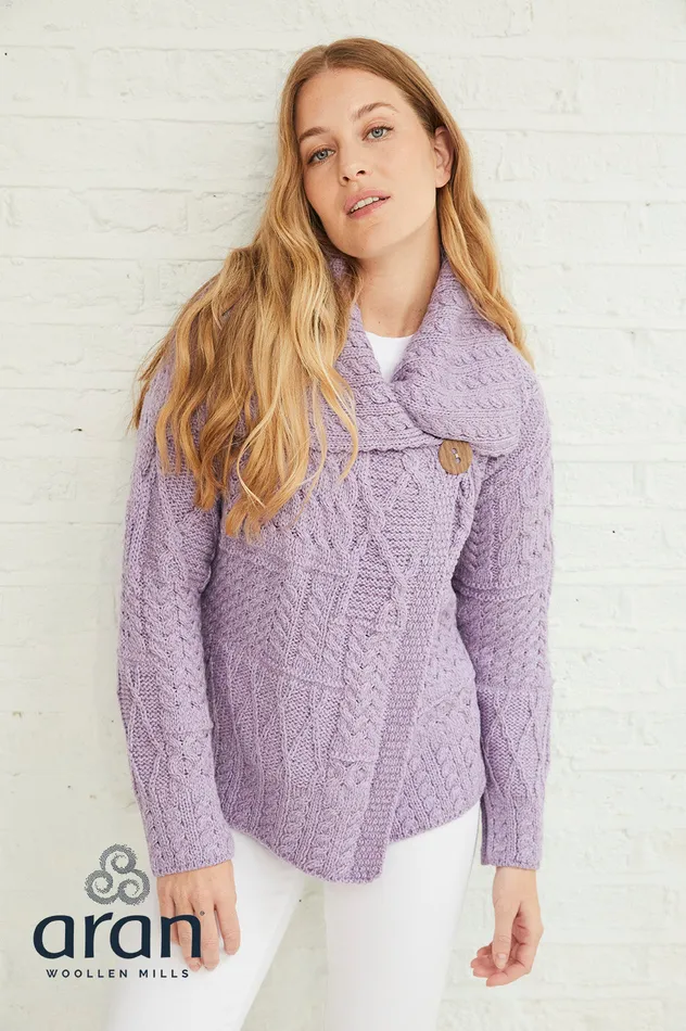 Aran Woollen Mills Necklaces Merino Wool Patchwork Aran Cardigan with Collar