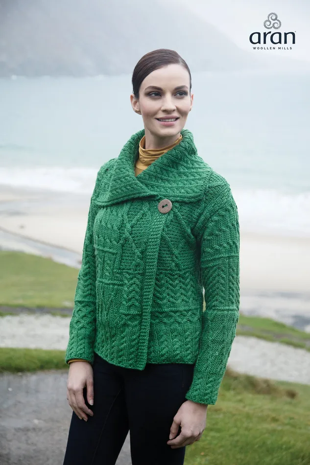 Aran Woollen Mills Necklaces Merino Wool Patchwork Aran Cardigan with Collar