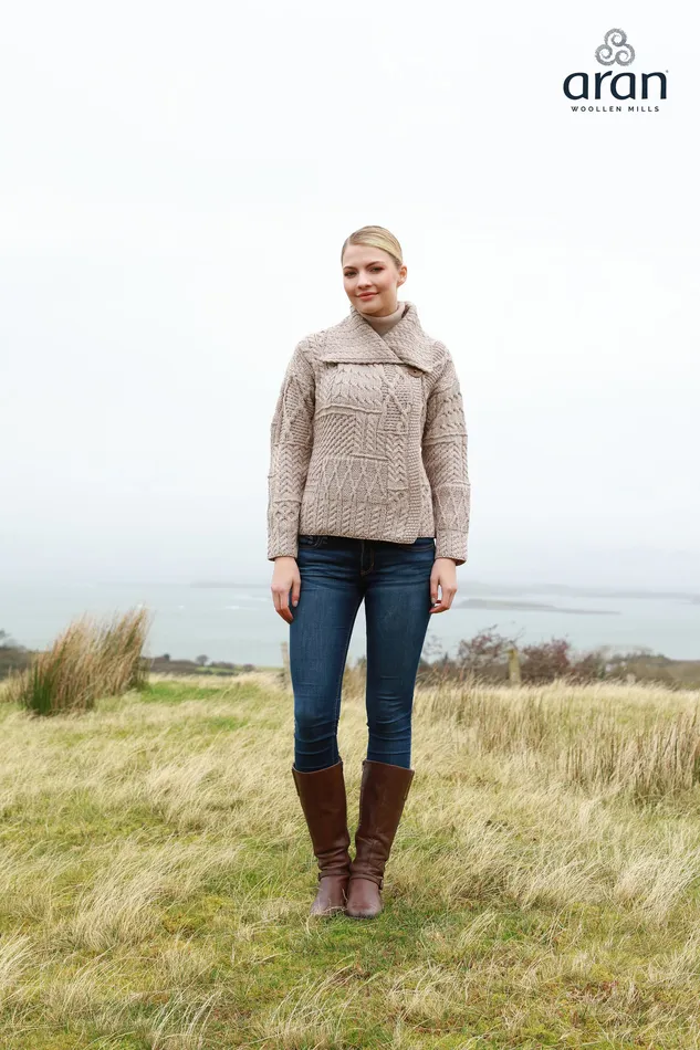 Aran Woollen Mills Necklaces Merino Wool Patchwork Aran Cardigan with Collar