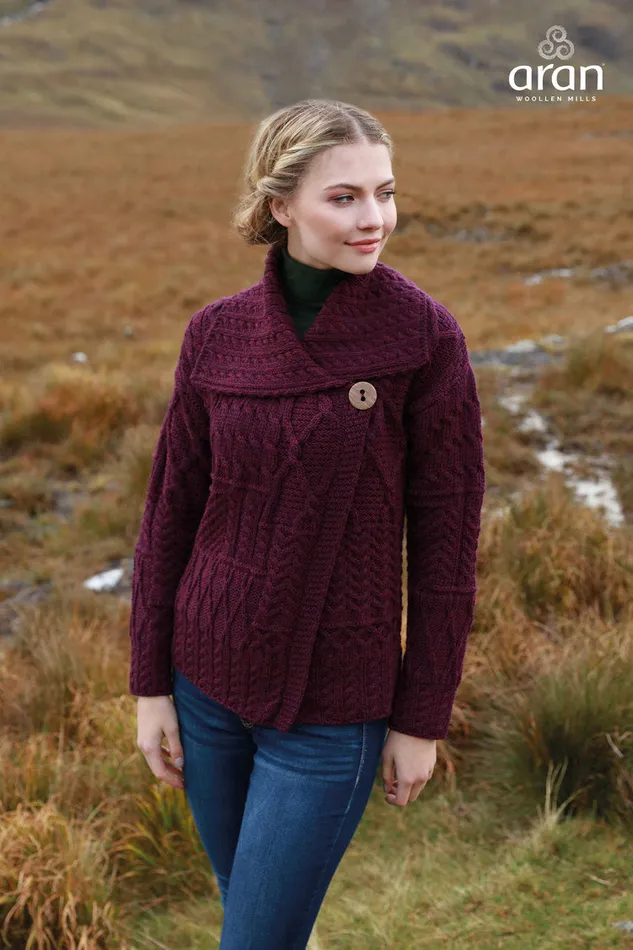 Aran Woollen Mills Necklaces Merino Wool Patchwork Aran Cardigan with Collar