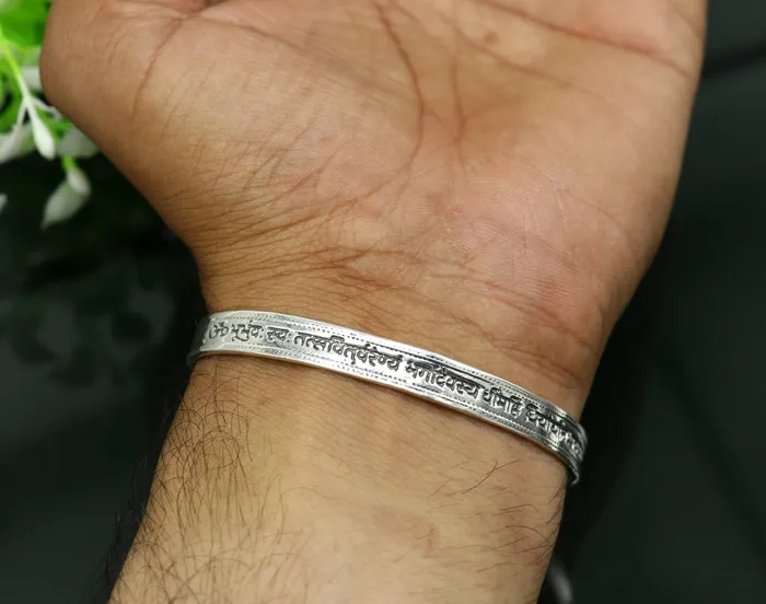Authentic 925 sterling silver customized Gayatri Mantra design cuff kada bracelet easy to adjust with your wrist unisex jewelry cuff45 TRIBAL ORNAMENTS Bracelets