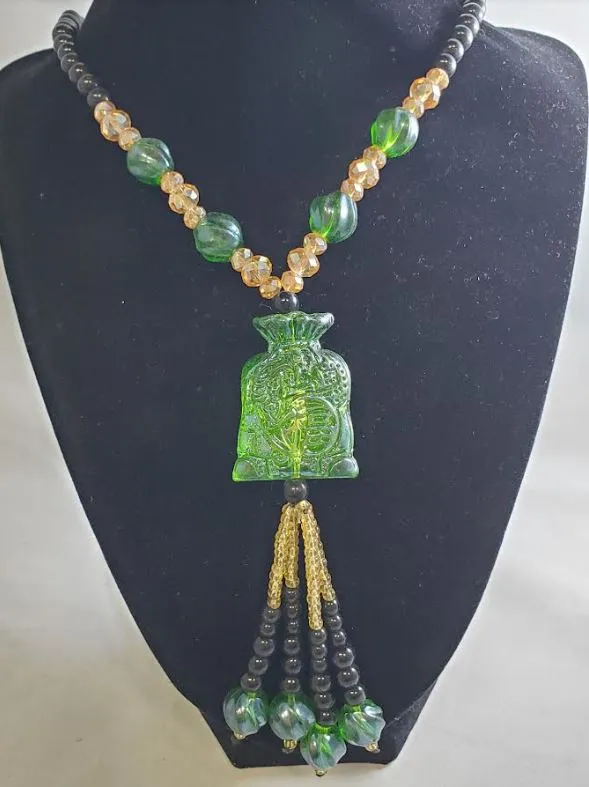 AZ13 Black Bead Green Money Bag Glass Long Necklace With Free Earrings polly Necklaces AZ13 Black Bead Green Money Bag Glass Long Necklace With Free Earrings polly Necklaces