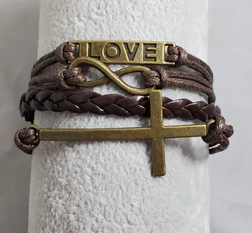 AZ1482 Brown Love Cross Infinity Layer Leather Bracelet alice Bracelets
