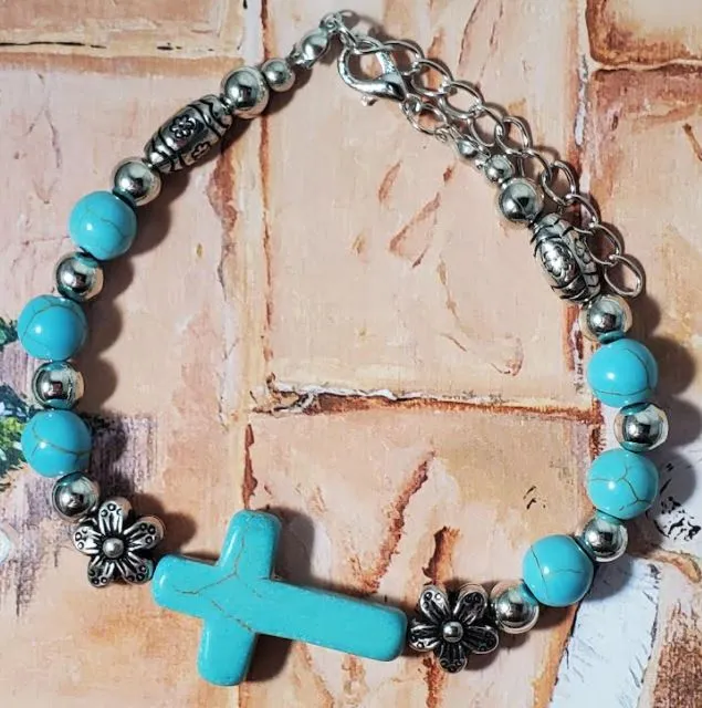 B1125 Silver Turquoise Crackle Stone Cross Bracelet POLLY Bracelets