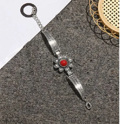 B1182 Silver Decorated Red Gem Flower Bracelet POLLY Bracelets