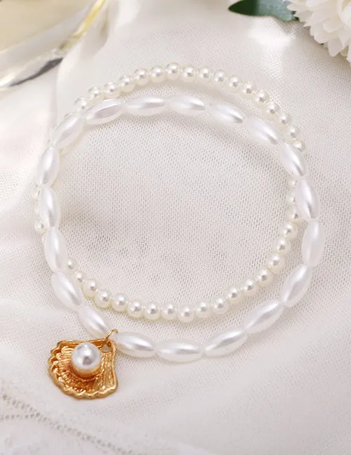 B1186 Pearl Bead Gold Clam Shell Ankle Bracelet Set 02 Bracelets