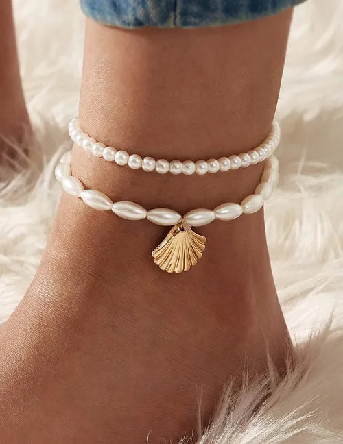 B1186 Pearl Bead Gold Clam Shell Ankle Bracelet Set 02 Bracelets