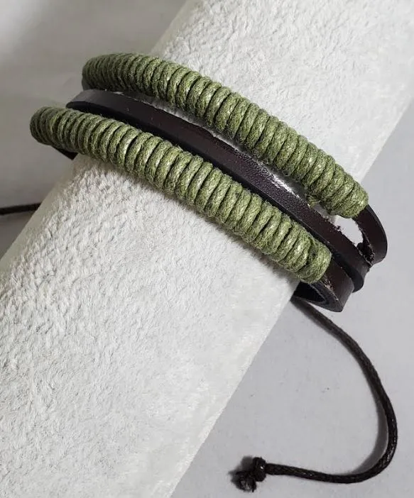 B386 Army Green Cord Brown Leather Pull Cord Bracelet polly Bracelets