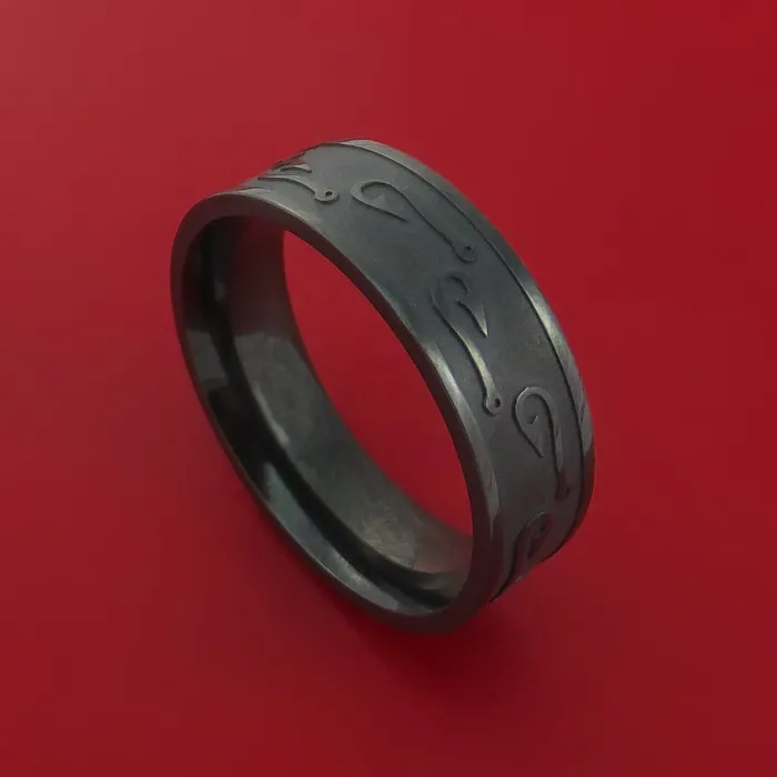 Black Zirconium Ring with Fish Hook LaserEtched Pattern Inlay Custom Made Band Lashbrook Rings Black Zirconium Ring with Fish Hook LaserEtched Pattern Inlay Custom Made Band Lashbrook Rings