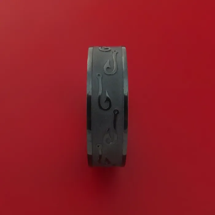 Black Zirconium Ring with Fish Hook LaserEtched Pattern Inlay Custom Made Band Lashbrook Rings Black Zirconium Ring with Fish Hook LaserEtched Pattern Inlay Custom Made Band Lashbrook Rings